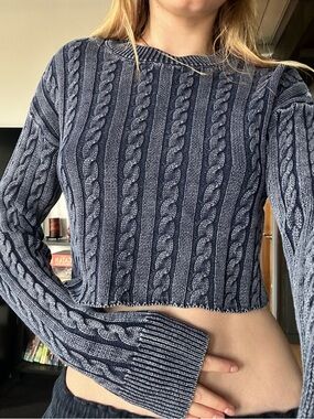 aerie Navy Cable-Knit Cropped Crew Sweater